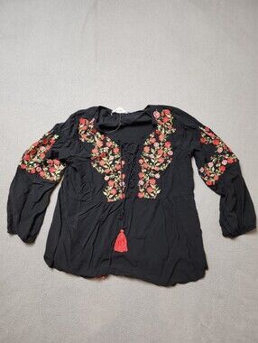 Luna Moon Lace Up Embroidered Blouse Sz L